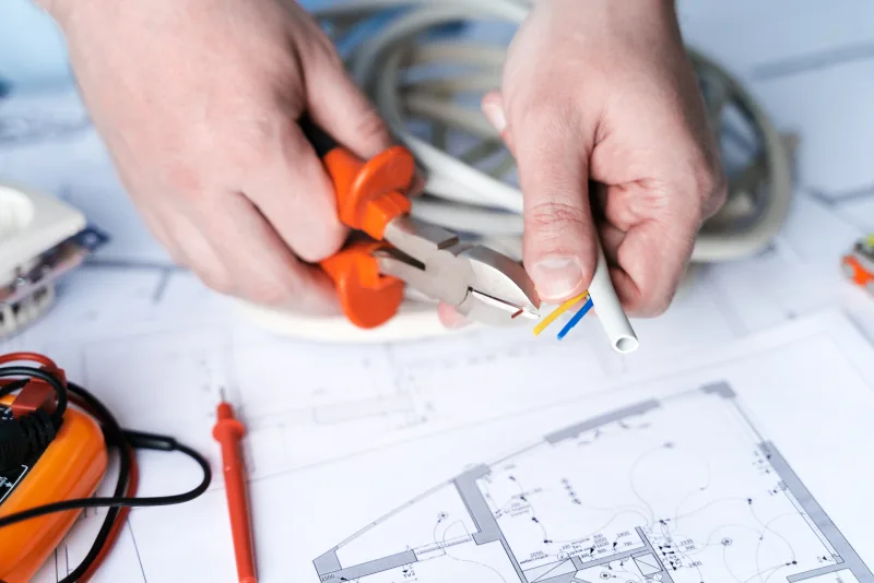 Elektricien stript met een tang een kabel boven een plattegrond van de elektra