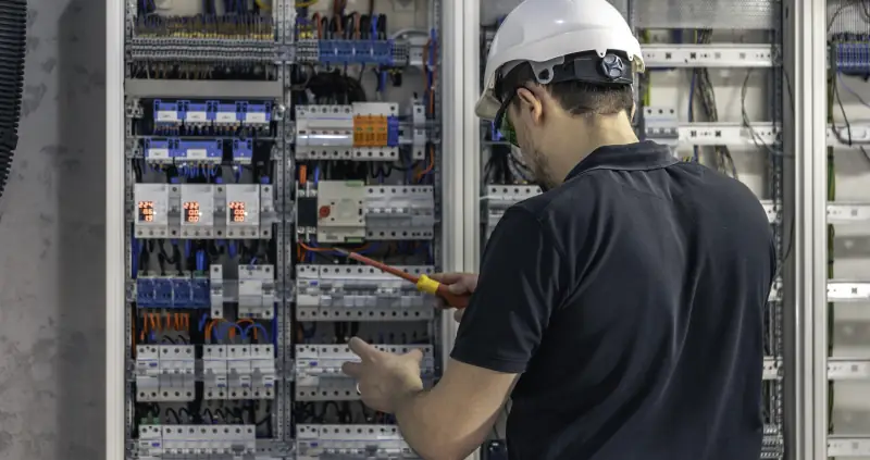 Elektricien met witte helm werkt aan een grote verdeelkast