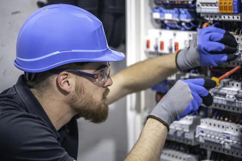 Elektricien met blauwe helm en veiligheidsbril werkt aan een groepenkast