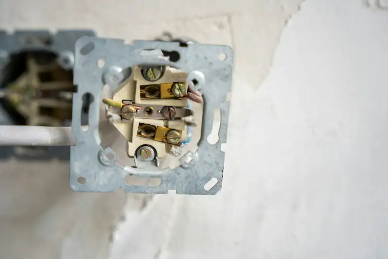 Open inbouwdoos met de bedrading van een stopcontact dat vervangen wordt